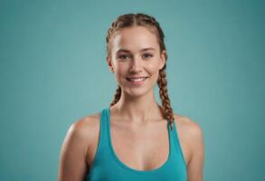 ai generiert ein lächelnd jung Frau im ein blaugrün Sport BH, mit geflochten Haar, verkörpern ein aktiv und gesund Lebensstil. foto