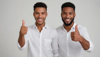 ai generiert zwei glücklich Männer im Weiß Hemden geben Daumen hoch. Freundschaft und positiv Vereinbarung. foto