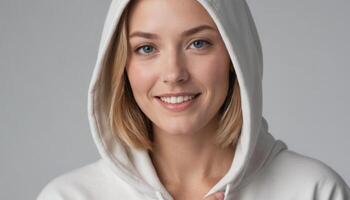ai generiert ein Inhalt Frau tragen ein Weiß Kapuzenpullover, grau Hintergrund. ihr Sanft Lächeln und Direkte Blick verströmen Komfort und Zugänglichkeit. foto