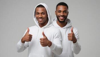 ai generiert Zwilling Männer im Weiß Hoodies geben Daumen hoch, grau Hintergrund. ihr identisch Gesten und Kleidung vorschlagen Harmonie und positiv Schwingungen. foto