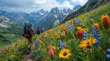 ai generiert ein atemberaubend Bild von Wanderer Trekking oben ein Berg Weg foto
