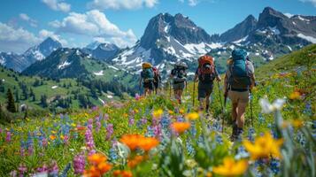 ai generiert ein atemberaubend Bild von Wanderer Trekking oben ein Berg Weg foto