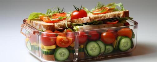 ai generiert ein Mittagessen Box mit Früchte, Gemüse, Sandwiches und ein Mittagessen Box foto