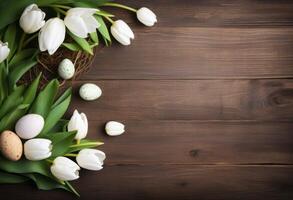 ai generiert ein Grün Ostern Karte auf Holz mit Tulpen und Eier foto