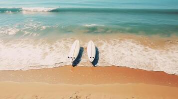 ai generiert ein Drohne Aussicht von das Strand Einsteigen Surfbretter foto