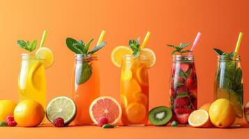 ai generiert ein minimalistisch Anordnung von bunt Sommer- Getränke mögen Limonade und Obst Smoothies foto