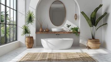 ai generiert ein minimalistisch Badezimmer mit ein sauber Weiß Farbe planen, ein einfach Nichtigkeit foto