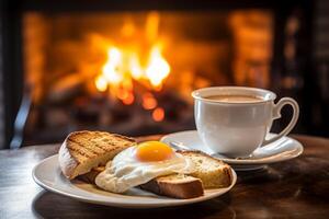 ai generiert Englisch Frühstück serviert im ein heimelig Küche, mit ein dämpfen Tasse von Tee foto