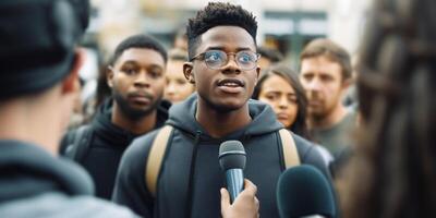 ai generiert ein jung afrikanisch amerikanisch Mann spricht zu Reporter im Vorderseite von Menschen foto