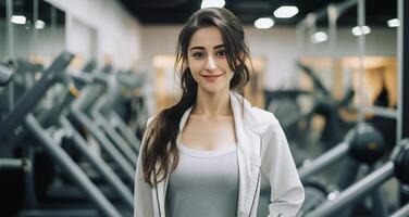 ai generiert jung Frau im ein Fitnessstudio foto