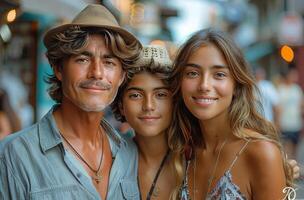 ai generiert das Familie von ein jung Teenager Junge posieren im ein Stadt Straße foto