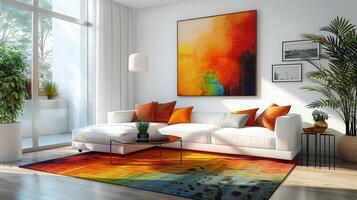 ai generiert ein minimalistisch Leben Zimmer mit Weiß Wände und Möbel, akzentuiert durch ein beschwingt Bereich Teppich foto