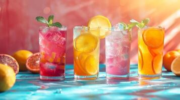 ai generiert ein minimalistisch Anordnung von bunt Sommer- Getränke mögen Limonade und Obst Smoothies foto