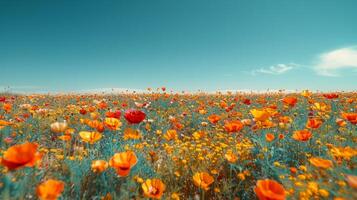 ai generiert ein minimalistisch Aussicht von ein beschwingt Blume Feld, wo bunt blüht strecken zu das Horizont foto