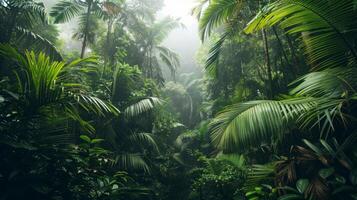 ai generiert ein tropisch Regenwald, charakterisiert durch hoch aufragend Bäume und dicht Grün foto