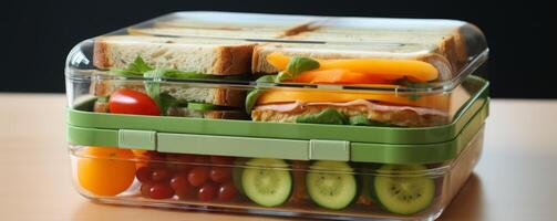 ai generiert ein Plastik Box enthält Obst und Sandwiches foto