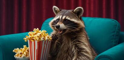 ai generiert süß Waschbär mit Popcorn beim Zuhause foto