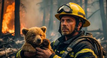 ai generiert Mann Feuerwehrmann hält ein gerettet klein Teddy Bär im ihr Waffen Tierwelt foto