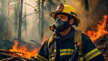 ai generiert Feuerwehrmann Wald Feuer, Bäume im Rauch, Flammen foto