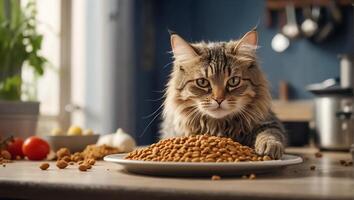 ai generiert süß Katze hungrig mit trocken Essen Zuhause foto