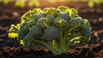 ai generiert reif Brokkoli im das Garten draußen foto