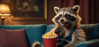 ai generiert süß Waschbär mit Popcorn beim Zuhause foto