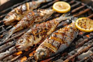 ai generiert gegrillt Fisch mit Zitrone und Gewürze auf alt Grill foto