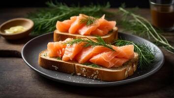 ai generiert Brot mit frisch Lachs geschnitten köstlich Lachs auf ein Teller foto