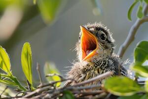 ai generiert jung Vogel im Nest mit öffnen Mund warten zu Sein gefüttert. foto