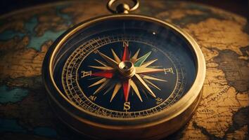 ai generiert Antiquität Jahrgang Kompass, Welt Karte foto