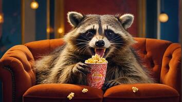 ai generiert süß Waschbär mit Popcorn beim Zuhause foto