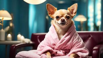 ai generiert schön Hund im ein Bademantel im ein Spa Salon ruhen foto