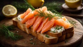 ai generiert Brot mit frisch Lachs geschnitten köstlich Lachs auf ein hölzern Tafel foto