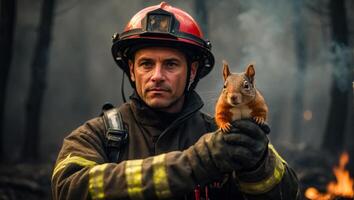 ai generiert männlich Feuerwehrmann hält ein gerettet Eichhörnchen im seine Waffen foto