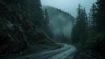 ai generiert neblig Wald Straße im ein heiter Berg Landschaft foto