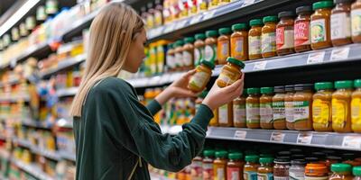 ai generiert jung Frau wählen Erdnuss Butter im Lebensmittelgeschäft Geschäft Gang foto