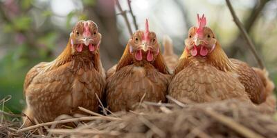 ai generiert Gruppe von Hühner faulenzen im ihr gemütlich Nest draußen foto