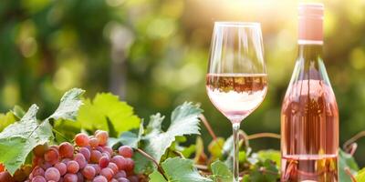 ai generiert elegant Glas und Flasche von Rose Wein im Weinberg beim Sonnenuntergang foto