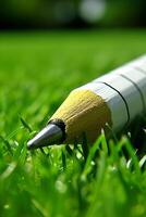 ai generiert Nahansicht von ein Bleistift auf Grün Gras mit Sonnenlicht foto