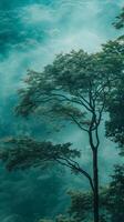 ai generiert mystisch Wald Landschaft mit ätherisch Wolken und Laub foto