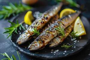 ai generiert gegrillt Sardine Fisch serviert mit mit Rosmarin und Zitrone foto