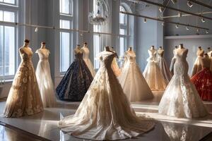 ai generiert ein Sammlung von Hochzeit Kleider im ein schön Braut- Boutique. foto