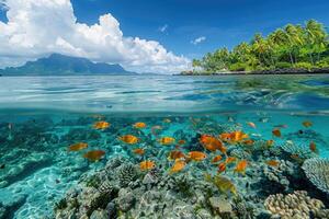 ai generiert Fisch auf ein Koralle Riff im ein tropisch Lagune. Französisch Polynesien foto