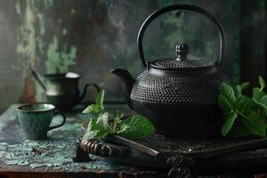 ai generiert elegant schwarz Teekanne mit Minze Kräuter und Stein foto