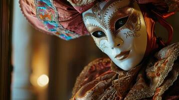 ai generiert weiblich im ein schön Kleid und venezianisch Karneval Maske foto