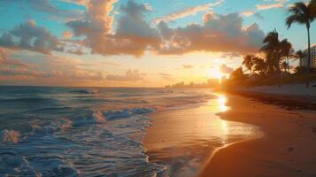 ai generiert heiter Strand Szene mit Wellen und Wolken beim Sonnenaufgang foto