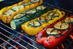 ai generiert gegrillt Gemüse auf ein Grill, rot Pfeffer und Gelb Pfeffer, Zucchini. foto