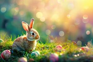 ai generiert bunt Ostern Eier und ein Hase im das Gras. glücklich Ostern Hintergrund. foto