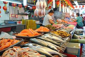 ai generiert Verkauf von frisch Fisch beim das Markt foto