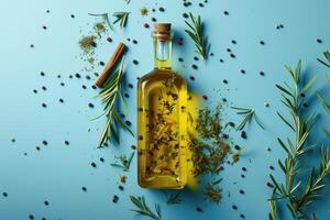 ai generiert Flasche von Olive Öl und Gewürze auf Blau Hintergrund foto